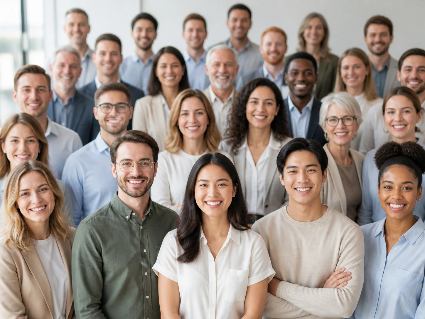 A group shot with front-row and back-row faces rebuilt separately, each to its own level of detail