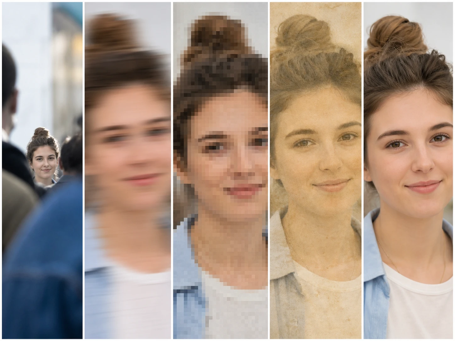 One face shown five ways: group crop, handheld blur, screenshot blocks, faded scan, generated