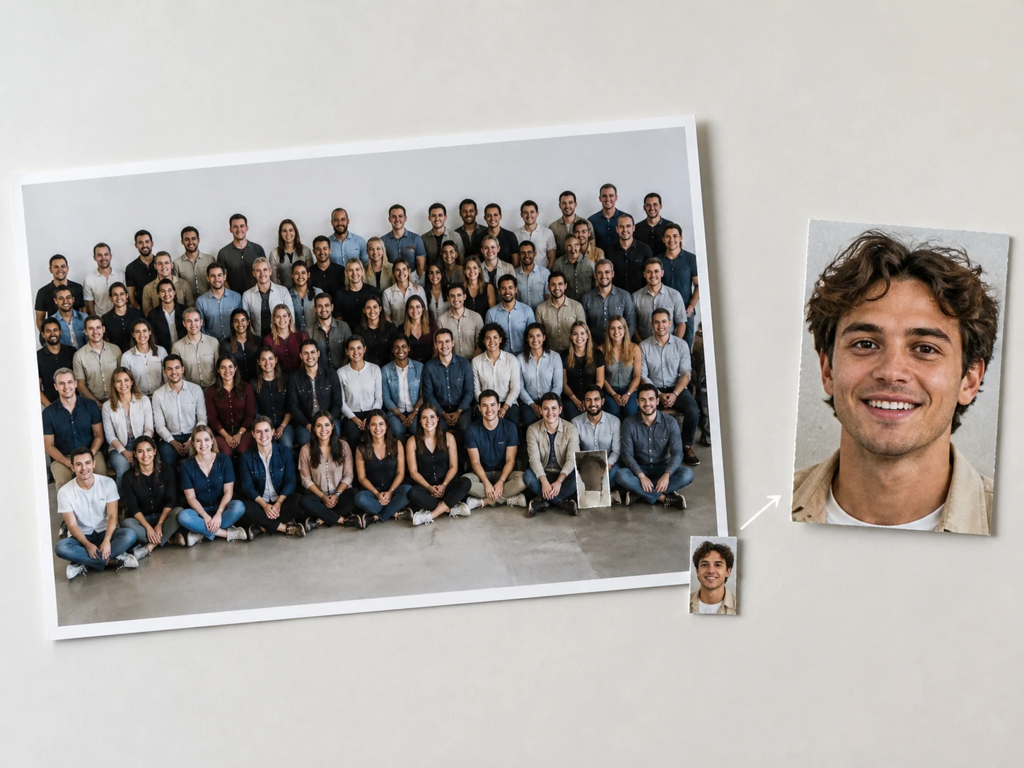 A single small face cropped out of a much larger group photo, the rest of the frame trimmed away