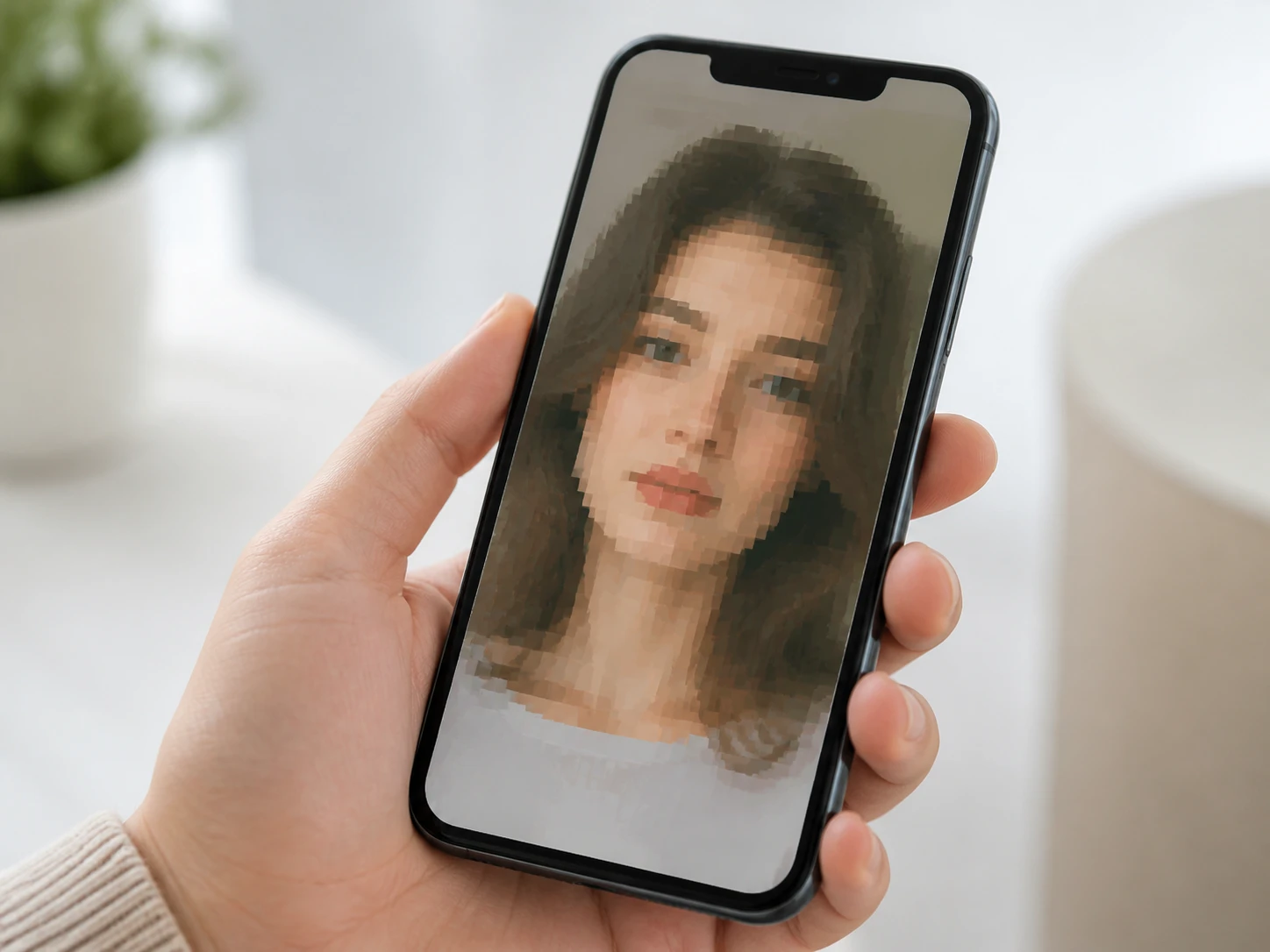 A phone showing a face saved from a group chat, the same shot recompressed several times