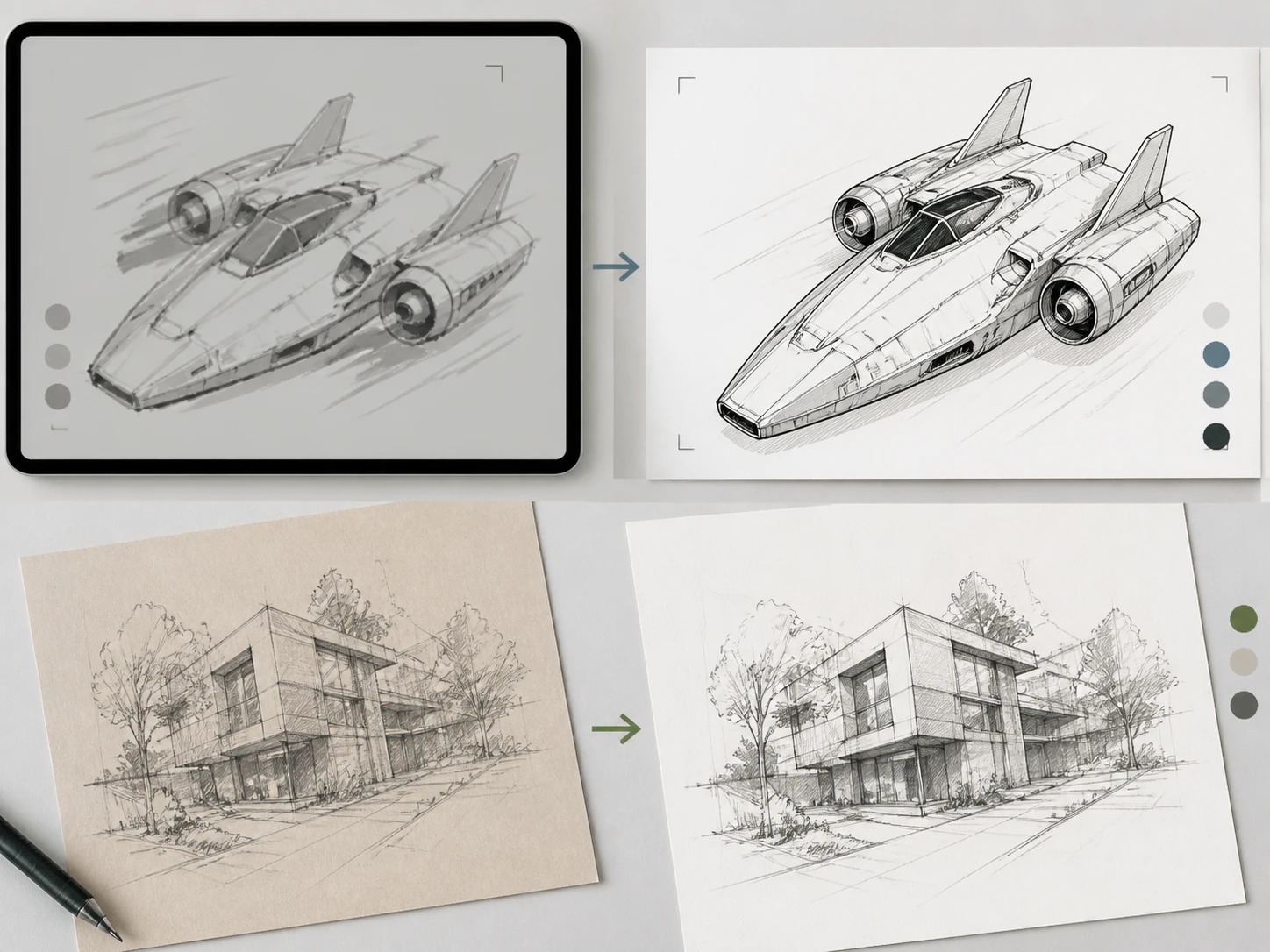 A screenshot and a scanned sketch with paper texture beside sharpened line versions