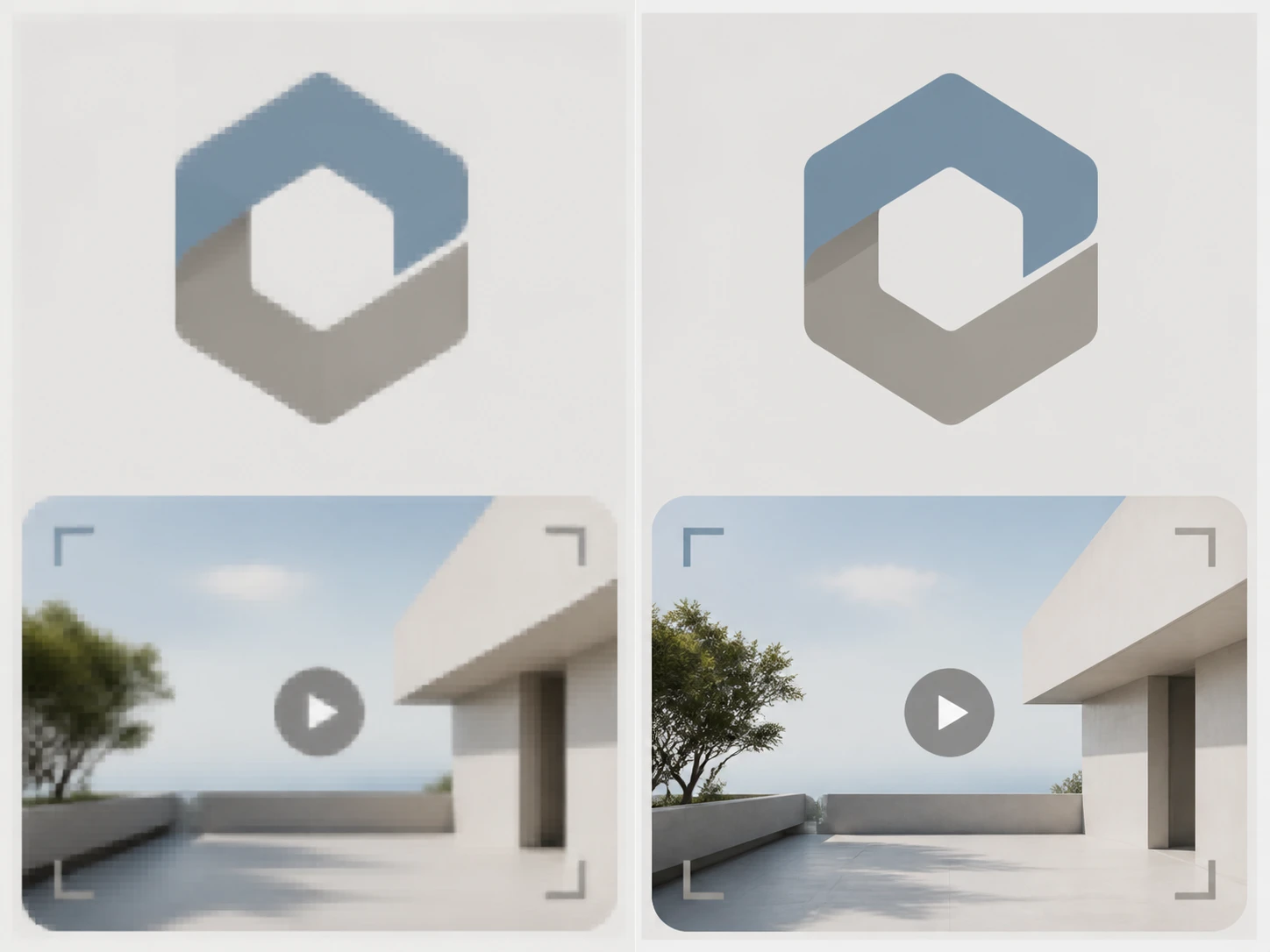 A resaved logo and thumbnail beside sharper rebuilt versions from the graphic enhancer