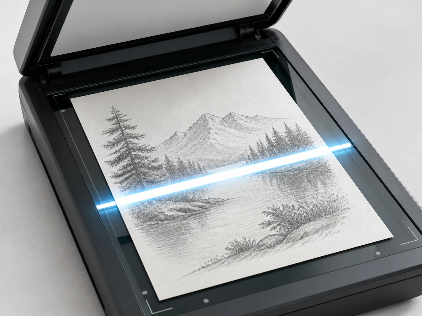 A hand drawn sketch on a scanner with paper texture and grain in the file