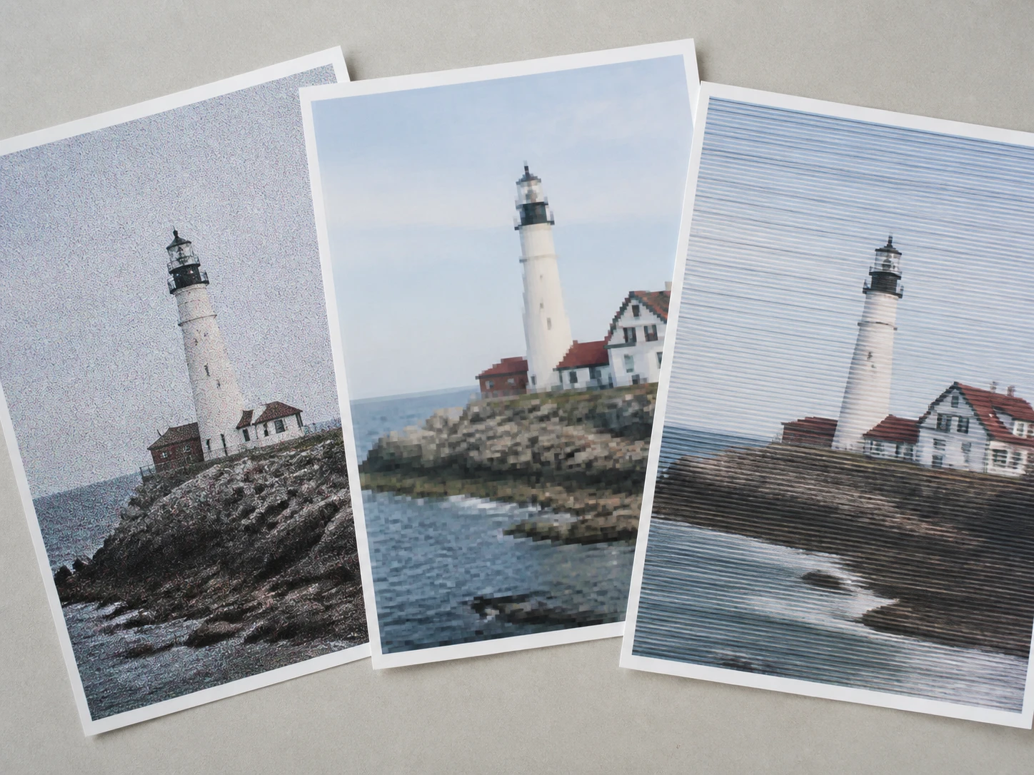 Three noisy photos routed to shadow, resave and scanner cleanup paths