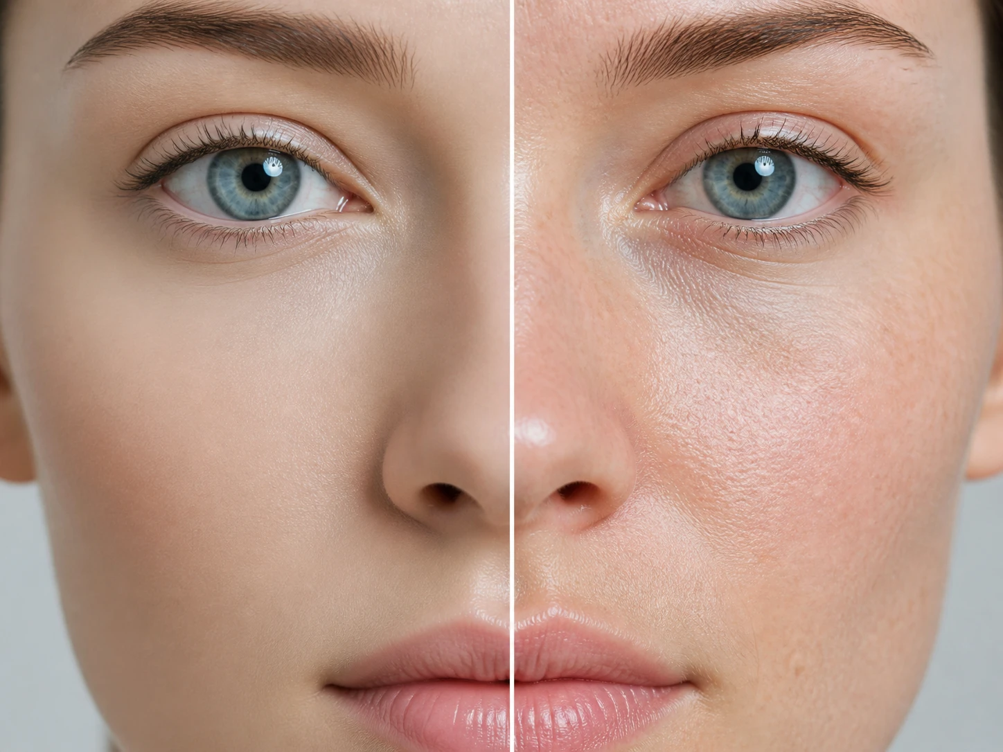 An AI generated portrait enlarged showing too even skin with no visible pores