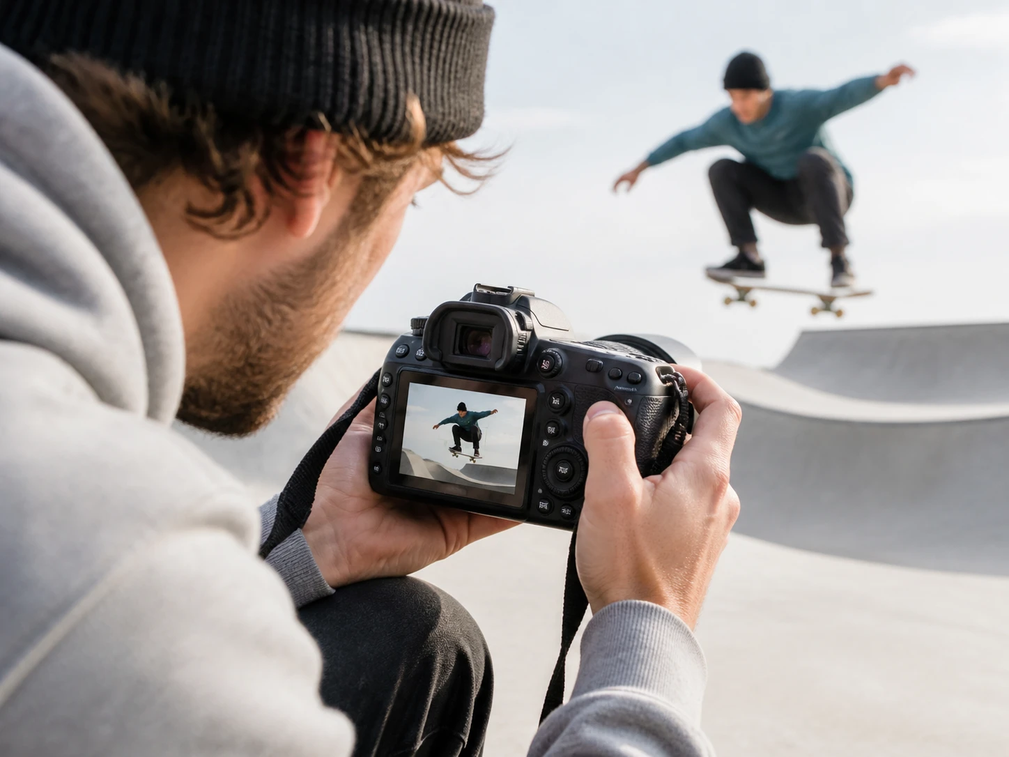 Outdoor shooter reviewing high frame rate sports footage for slow down video
