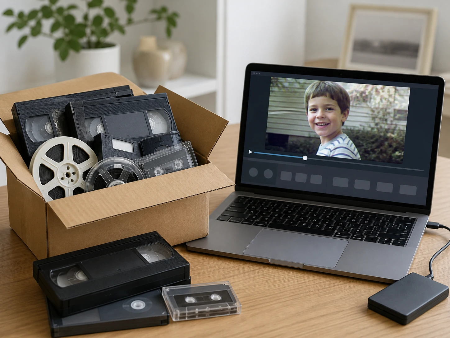 Box of videotapes and camcorder reels beside the only transferred file in the video denoiser
