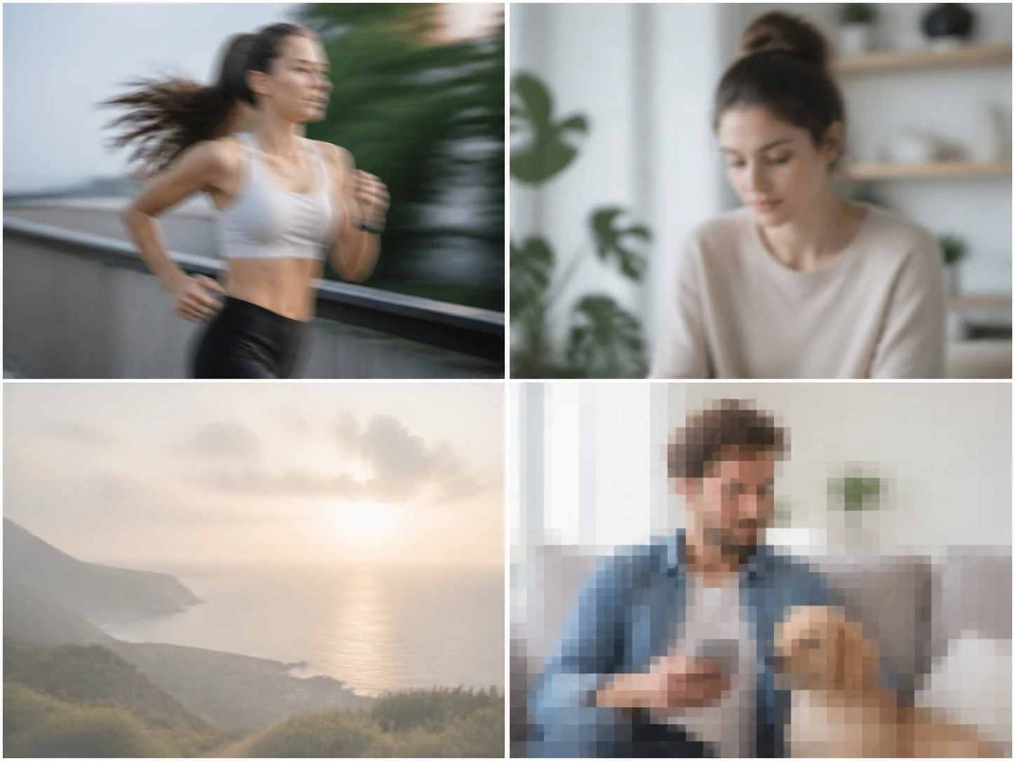 Four soft video frames from shake, focus miss, soft lens and compression compared in Enhancer.video