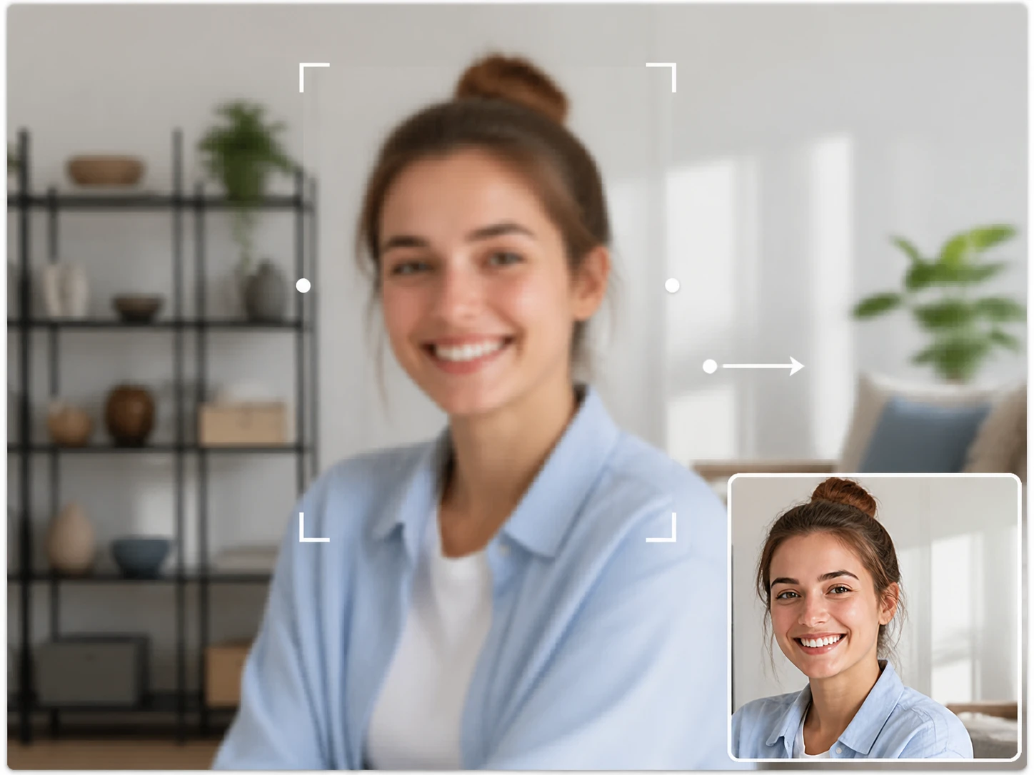 Video frame with a soft subject and crisp background, the soft region rebuilt in Enhancer.video