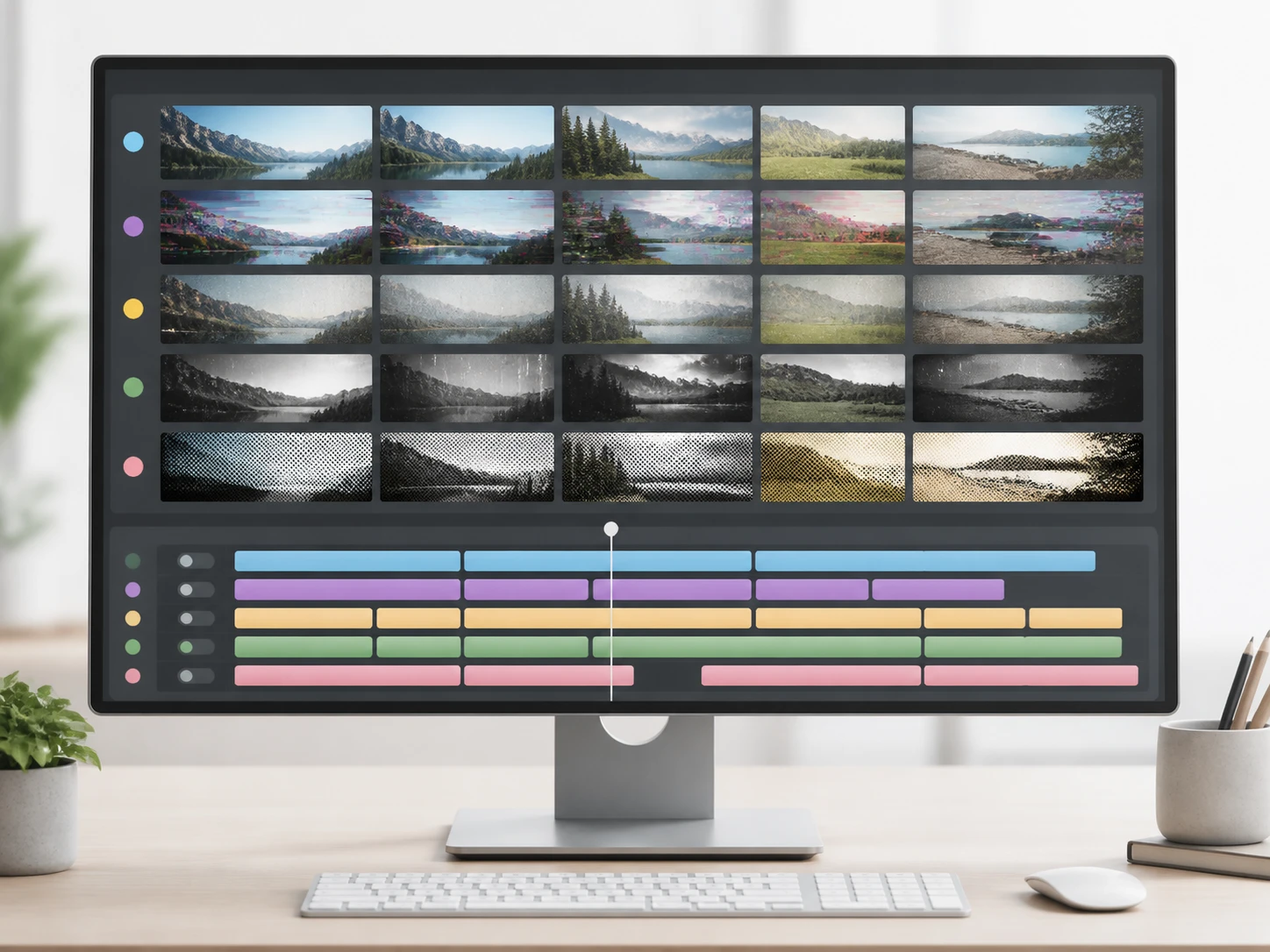 Mixed source clips on an editing timeline sorted into piles by problem class before conform