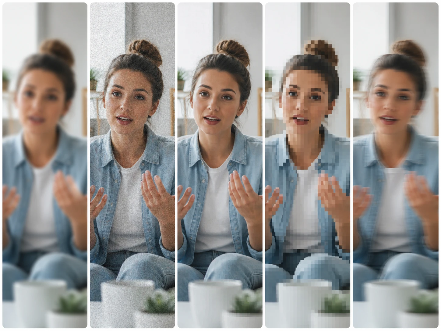 Five labeled tiles for blur, noise, compression, resolution, and frame rate