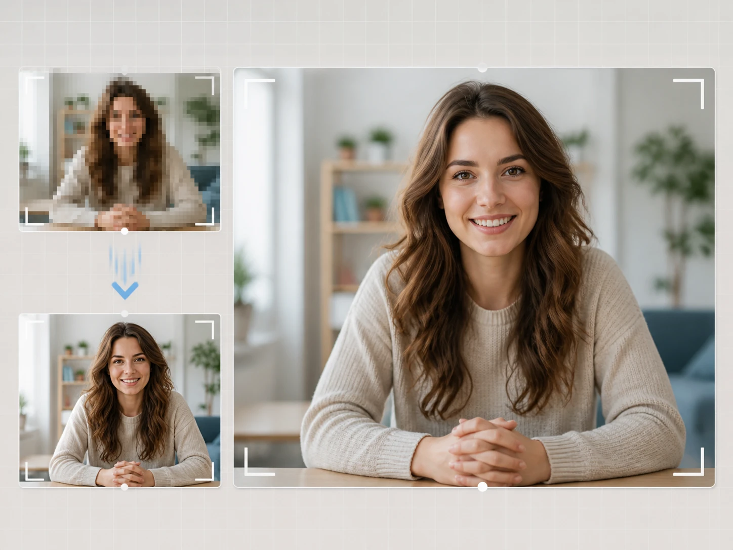 Small frame upscaled to a 4K grid beside a compressed frame holding the same detail