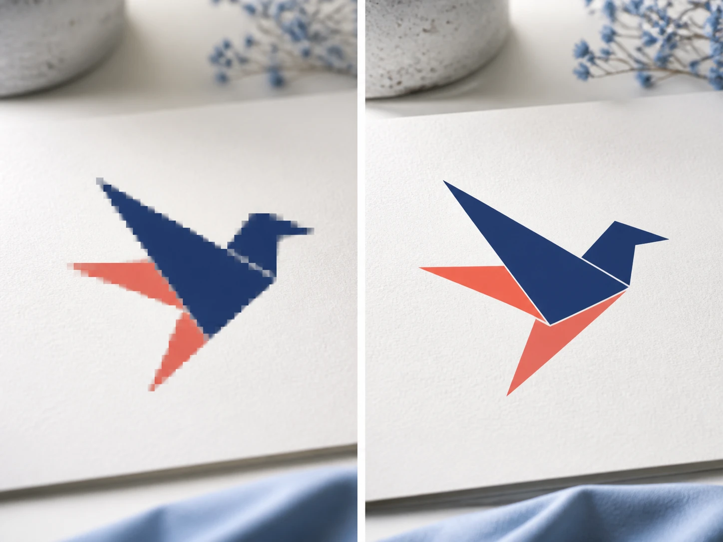 A pixelated logo and an anime frame raised to print resolution with clean edge lines