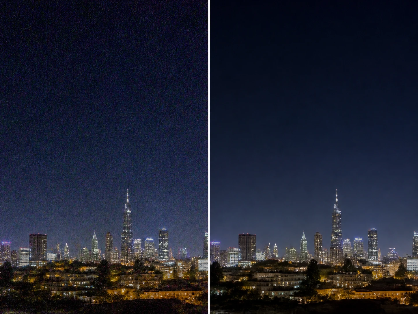 A high ISO night photo with speckle and blocky noise removed across a flat sky region