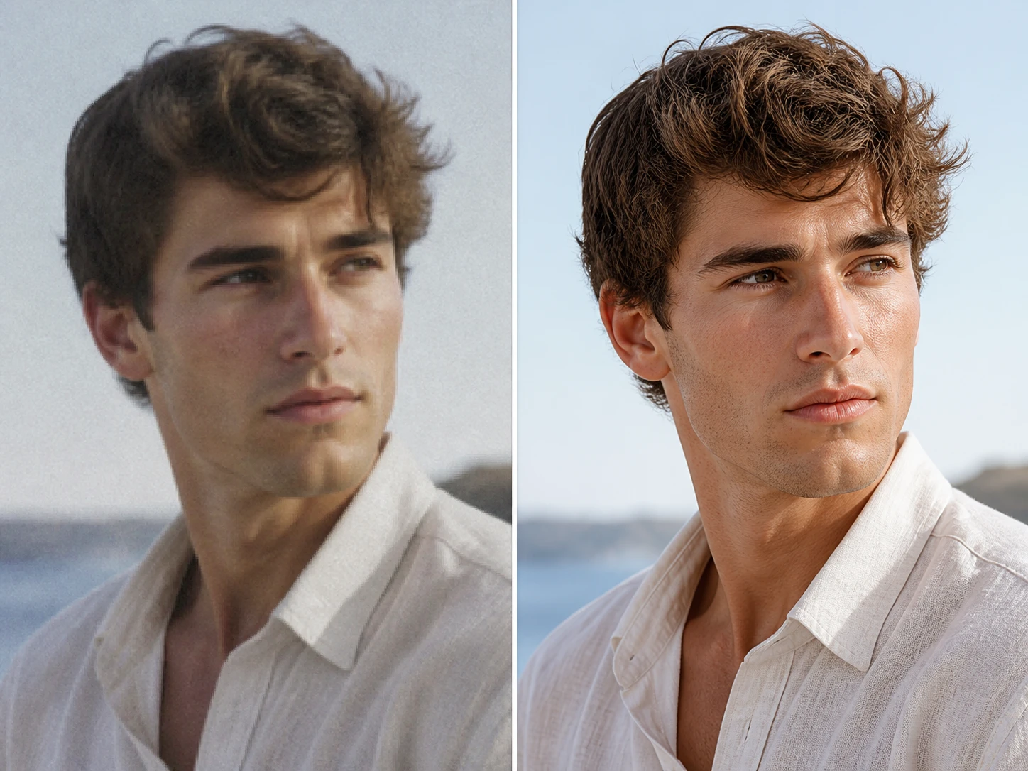 A grainy portrait photo upscaled toward 8K with skin texture returning at 100 percent zoom