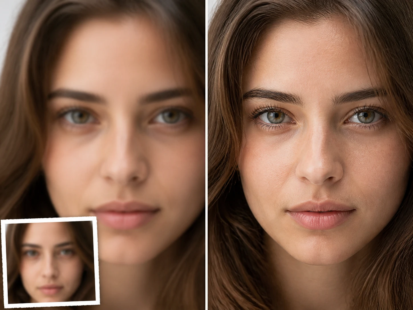 Portrait close view with eye edges, hair separation, and skin texture visible