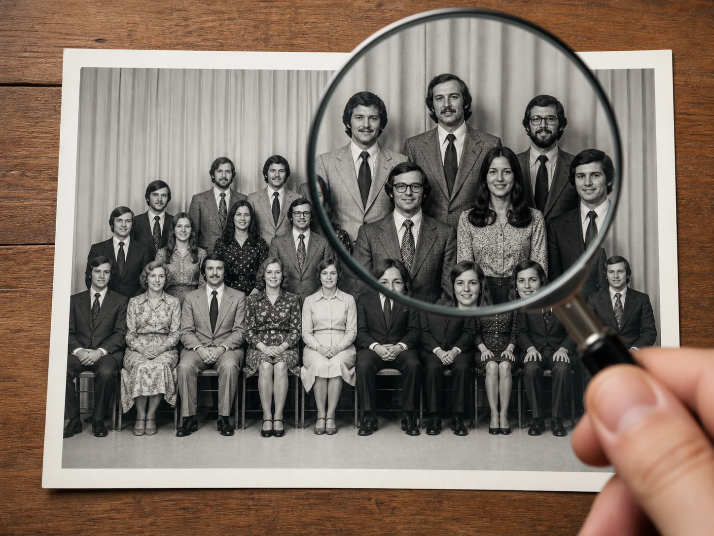 Company anniversary group photo with back row faces enlarged for inspection