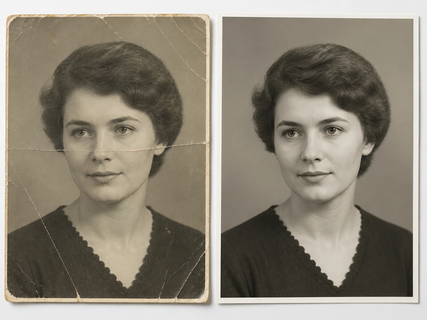 Old single portrait scan with scratches reduced and facial texture restored