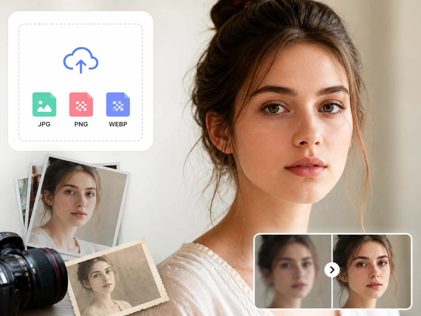 Upload panel with JPG, PNG, and WEBP face photos ready for processing