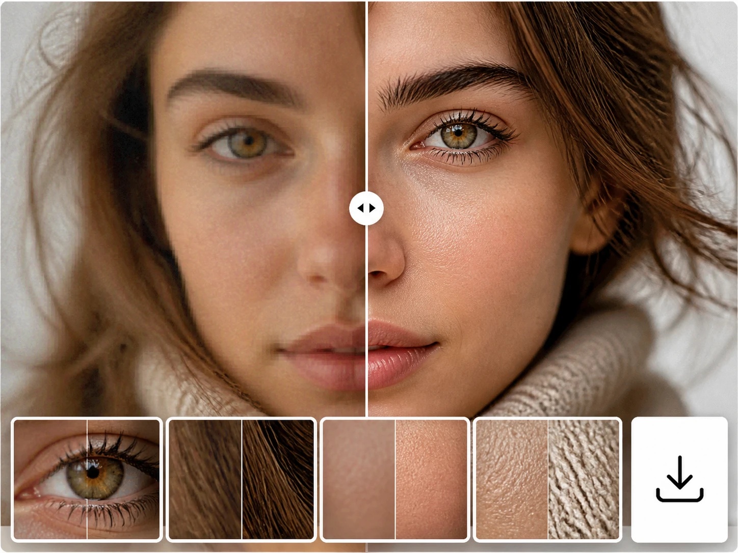 Full size review showing eyes, hair strands, skin texture, and download control