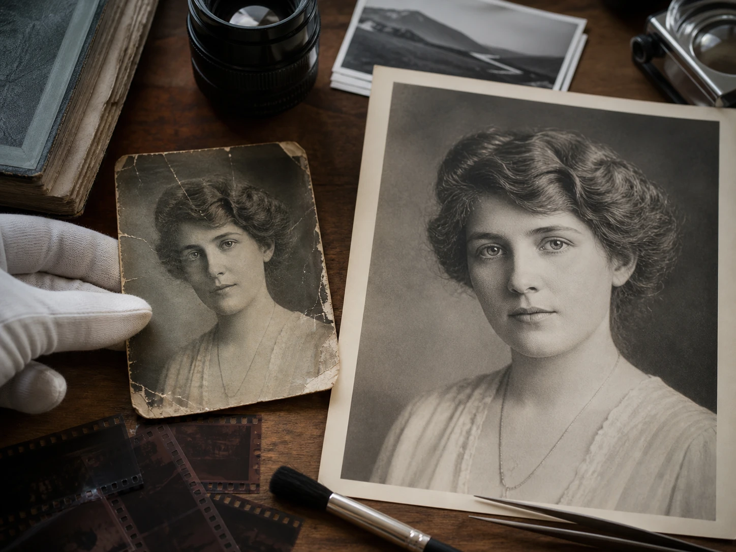 Archive desk with scanned photo restoration files and an enlarged old portrait