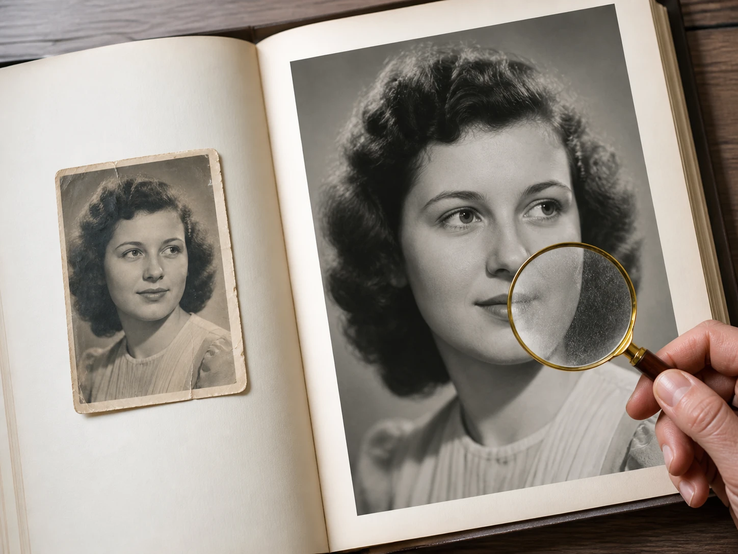 Memorial book layout with a portrait enlarged for print inspection