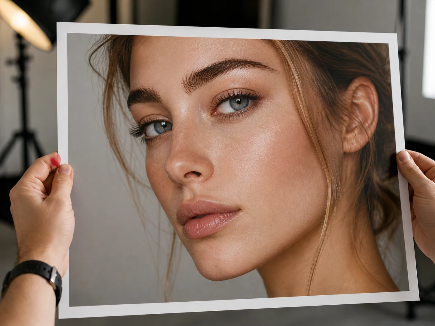 Product page model photo being reviewed at full size for facial detail