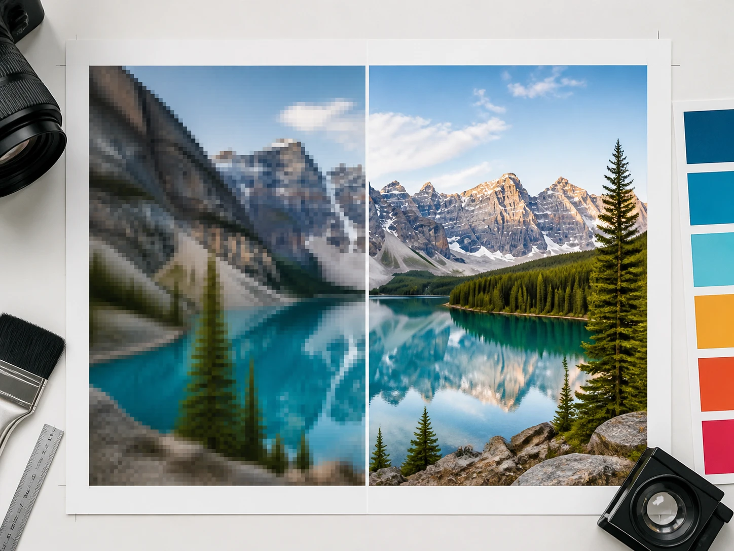 AI artwork enlarged with thin line direction and color block borders visible