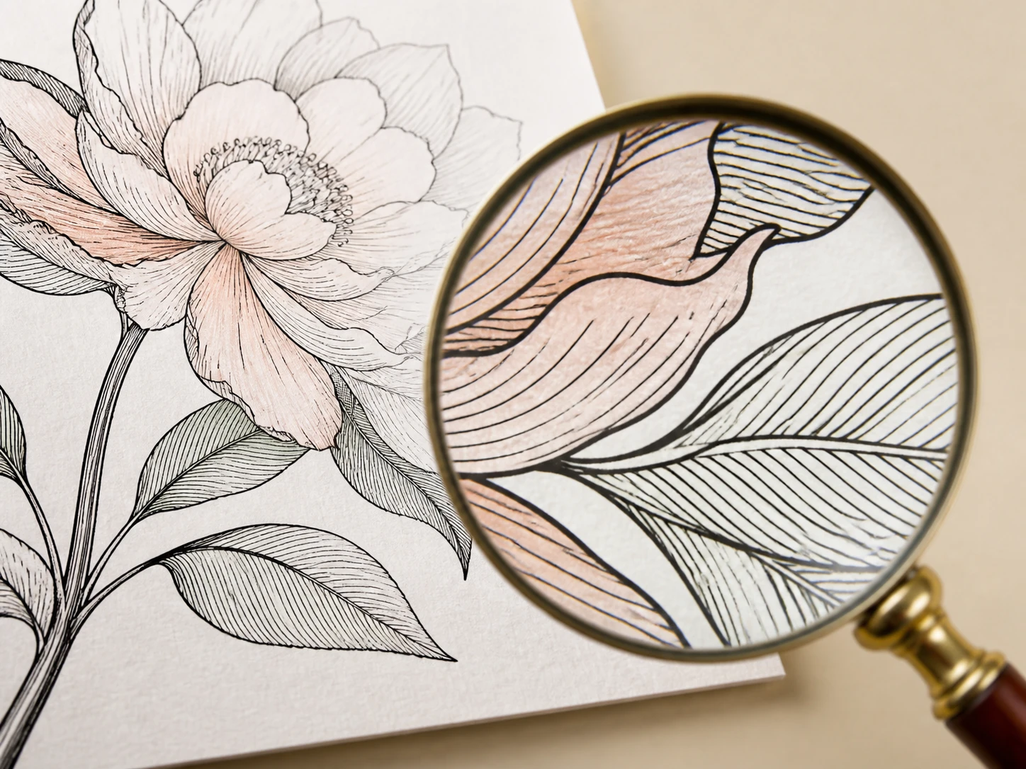 Illustration line art enlarged to inspect thin strokes and color boundaries