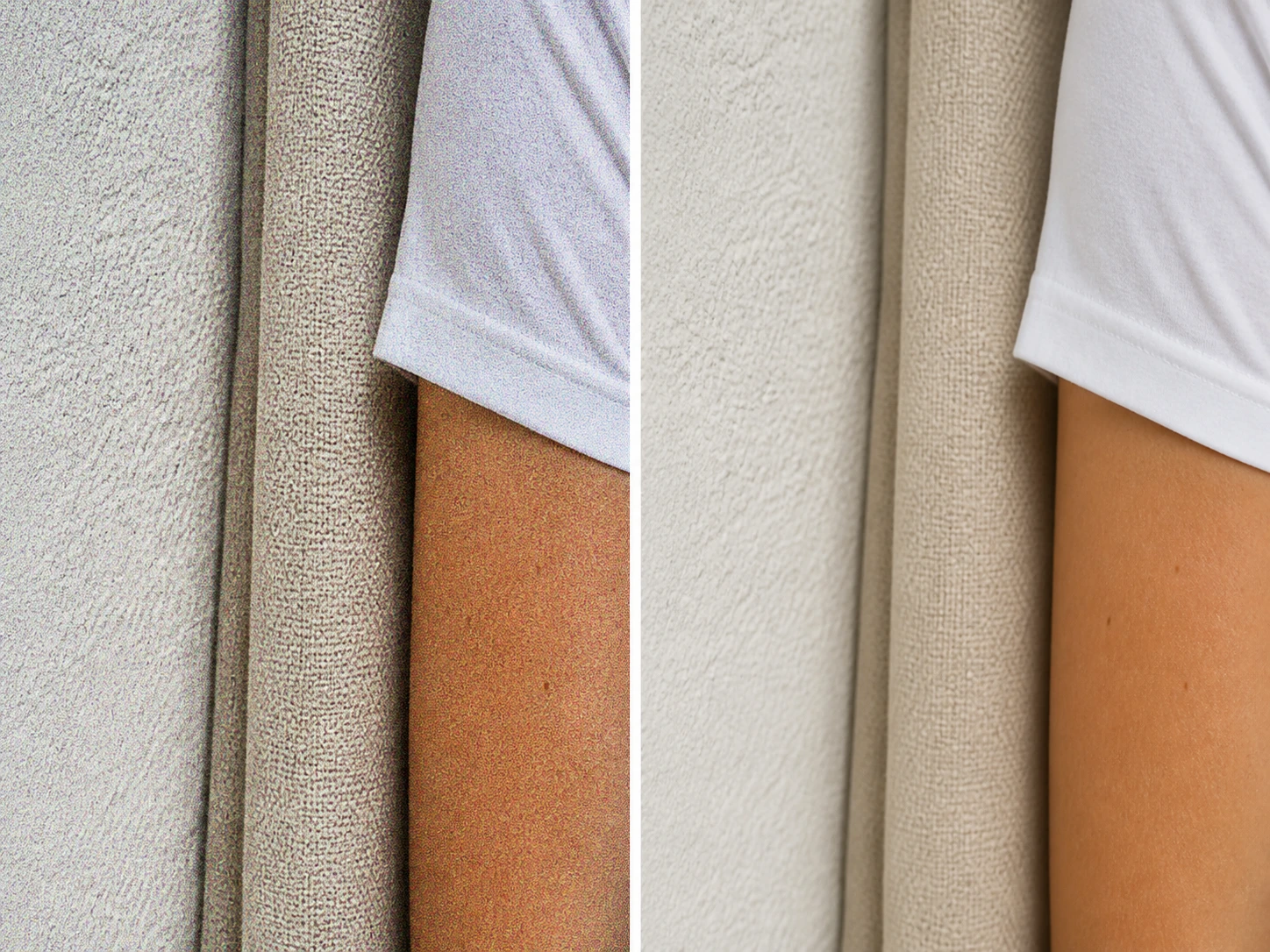 Close crop of wall, fabric, and skin texture after detail aware noise cleanup