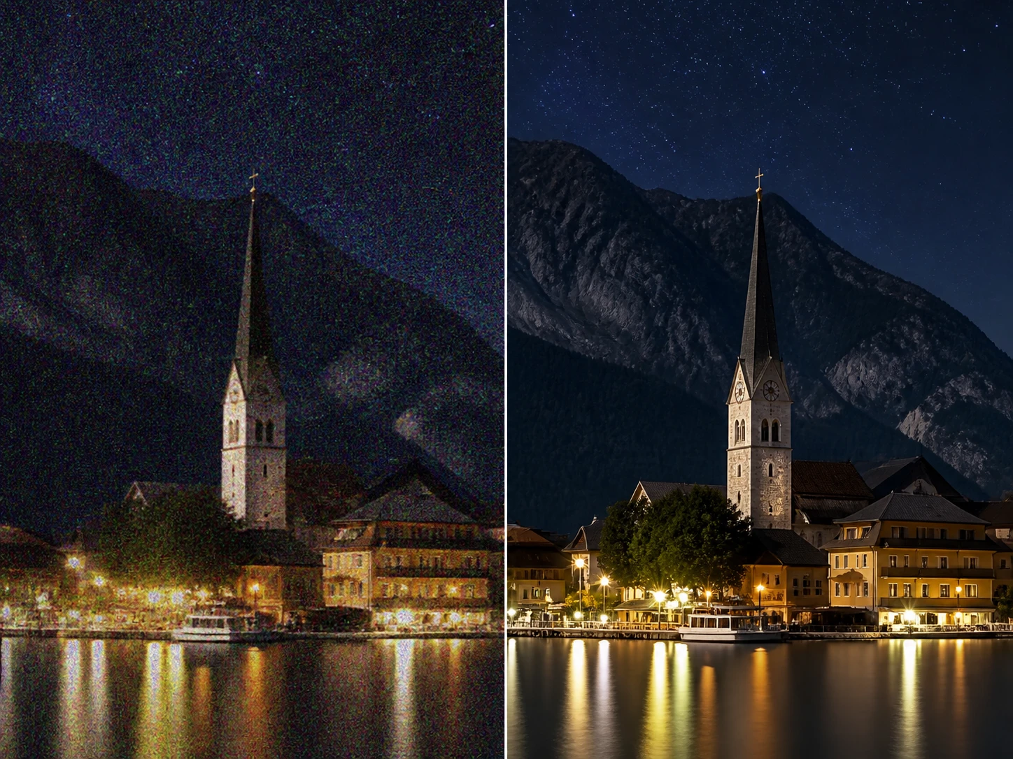 Low light photo shadows with colored speckles reduced and tonal layers visible