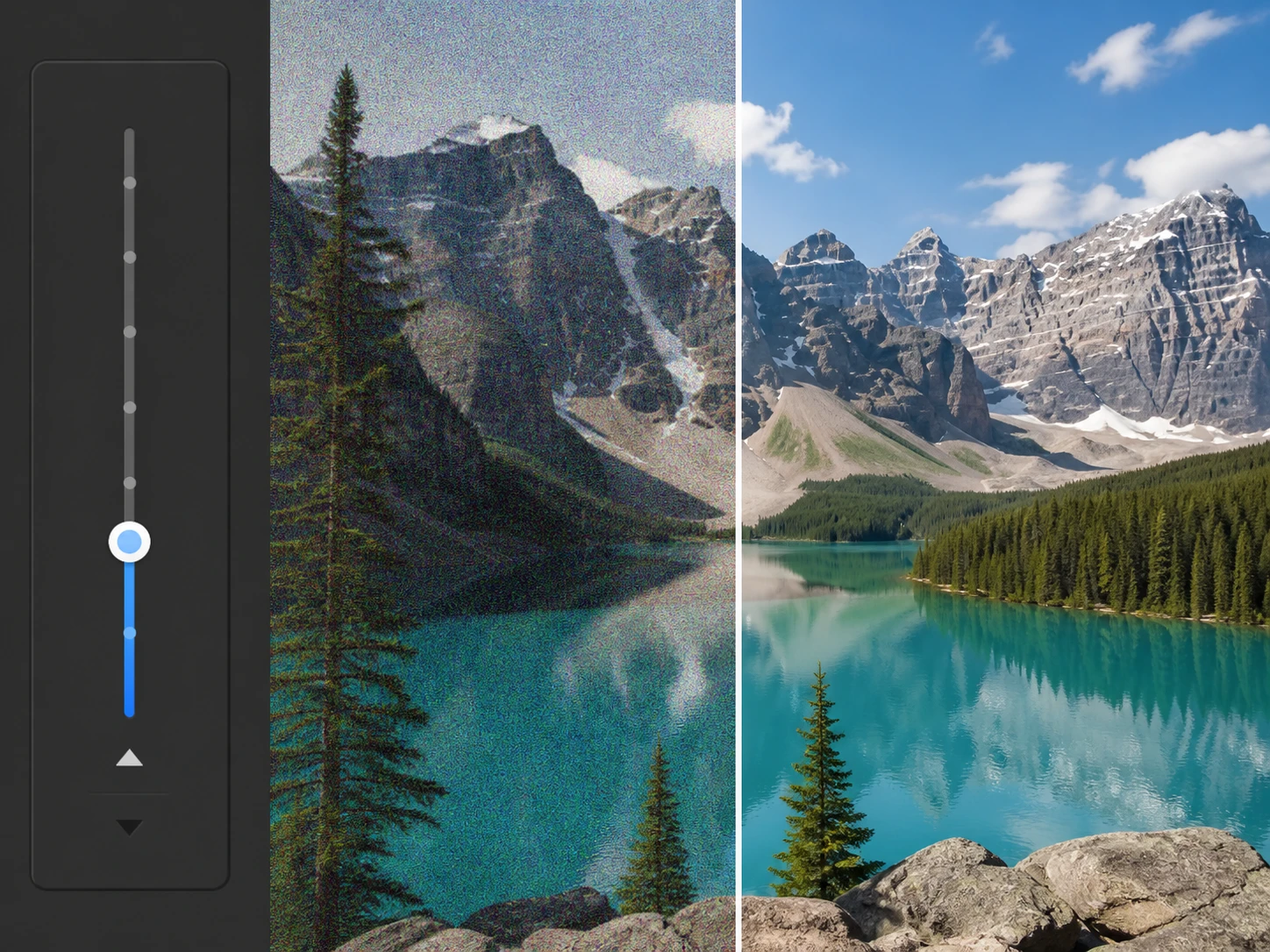 Denoise strength slider beside a full size photo inspection preview