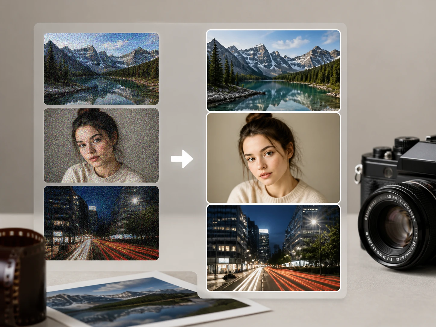 Upload panel with noisy JPG PNG and WEBP photos ready for denoise processing