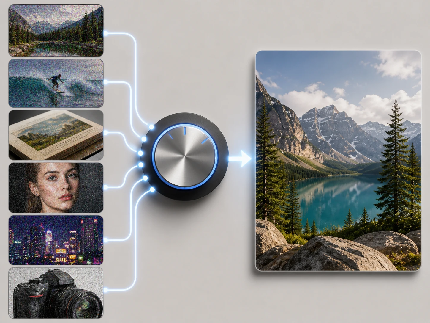 Scene selection panel routing a noisy photo to a matching denoise model