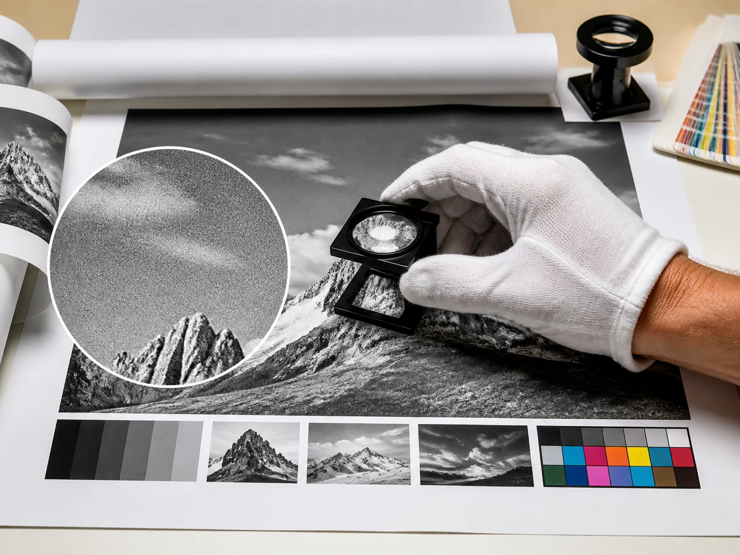 Print proof desk with enlarged gray photo areas checked for grain before approval