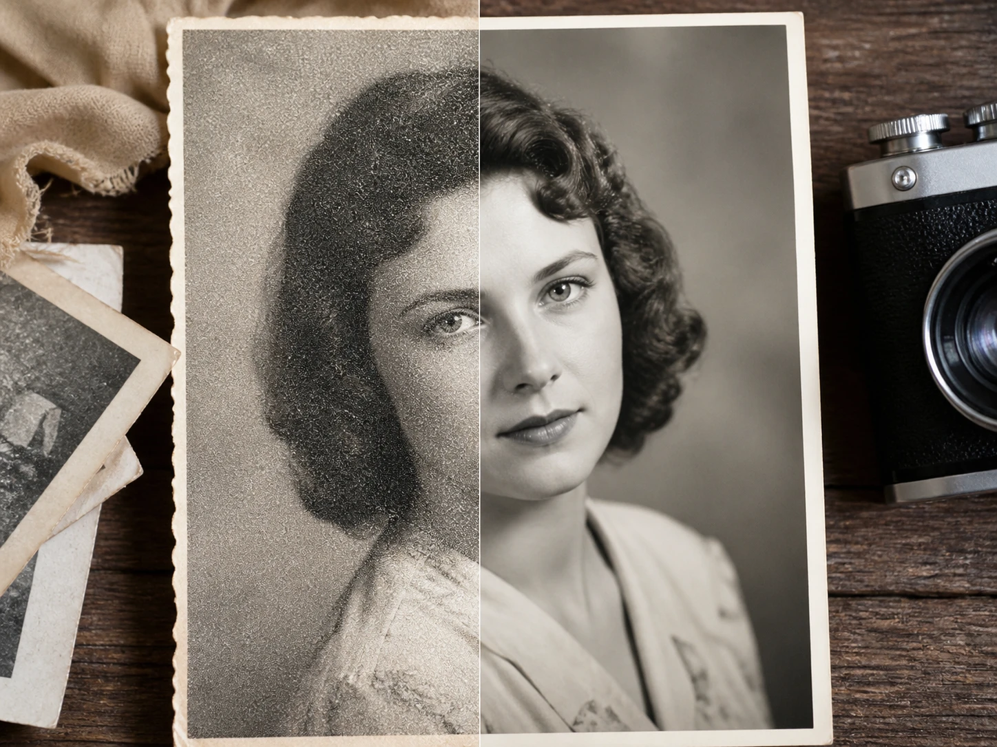 Old scanned portrait enlarged for grain cleanup and face detail inspection