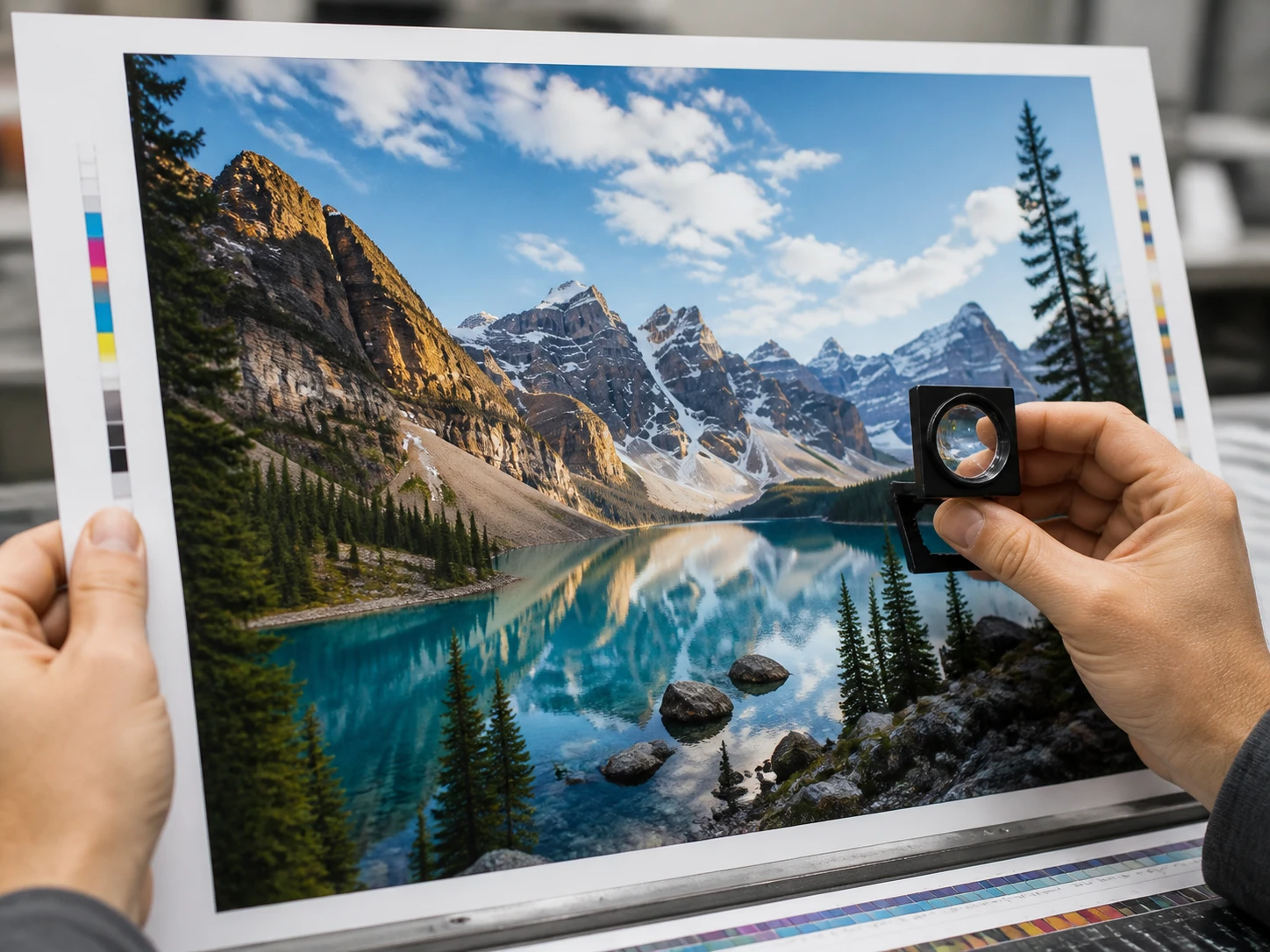 Print buyer reviewing a proof at full size for soft edges before press