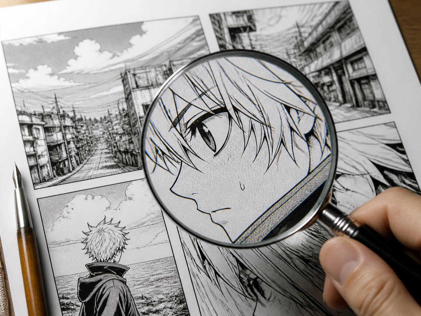 Anime creator zoomed into line work checking soft edges before delivery