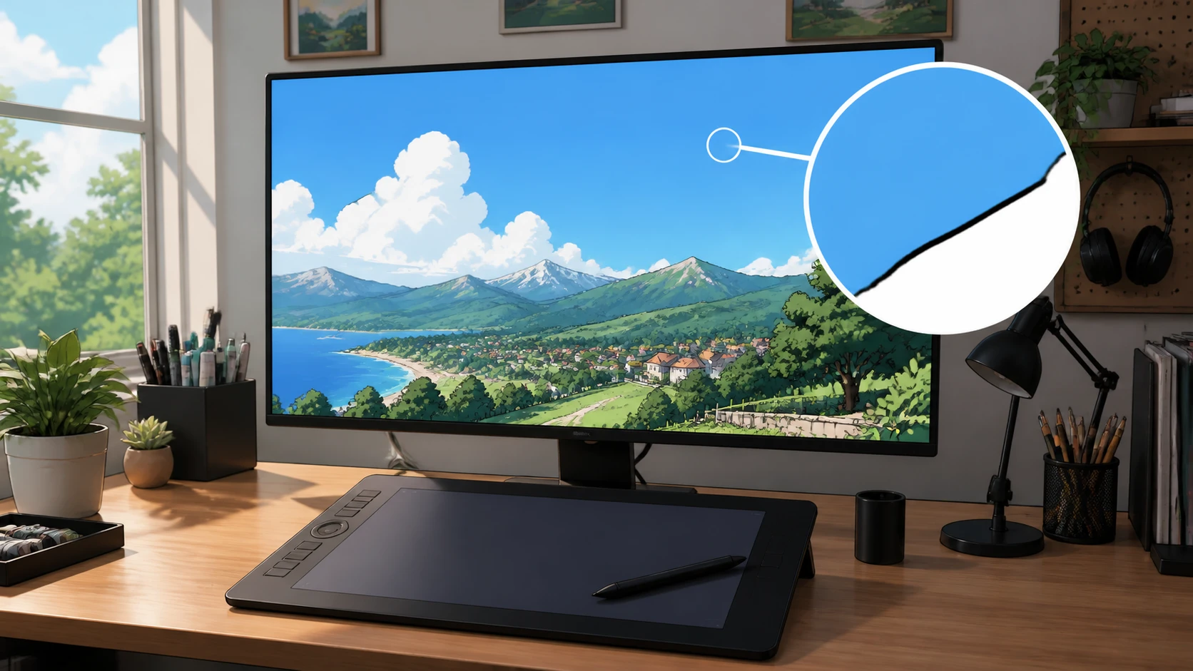 An AI generated anime frame checked at 100 percent for clean lines and flat sky