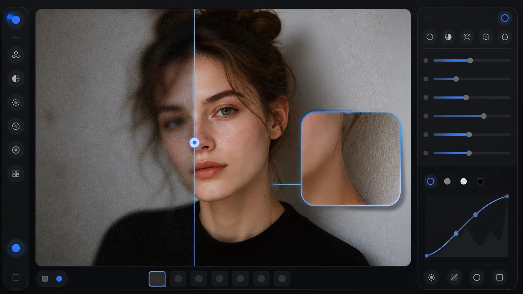 A blurry portrait opened in Enhancers AI with a hard edge and flat wall zoomed to 100 percent