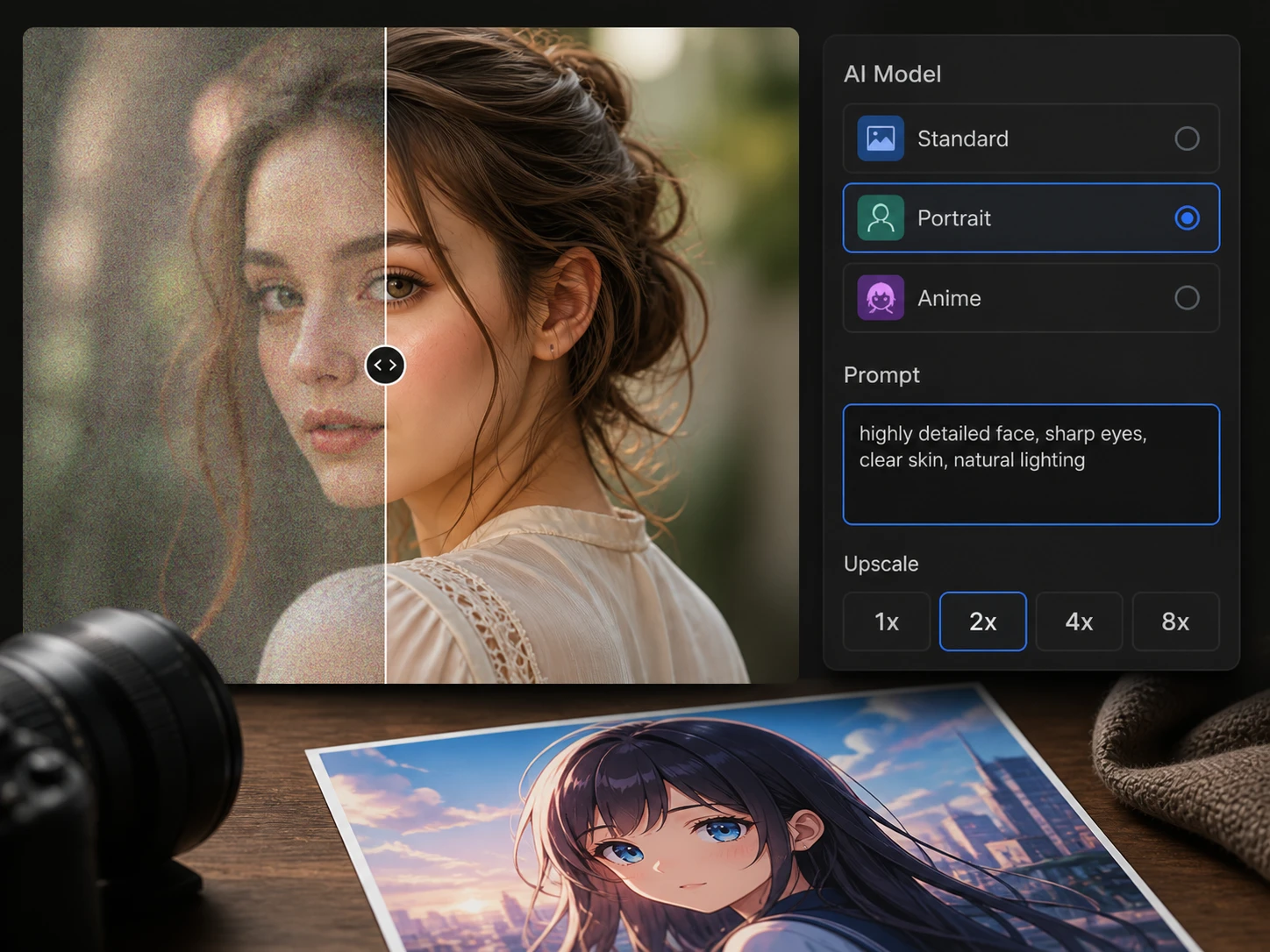 Panel pengaturan model dan skenario dengan opsi prompt untuk gambar anime dan AI