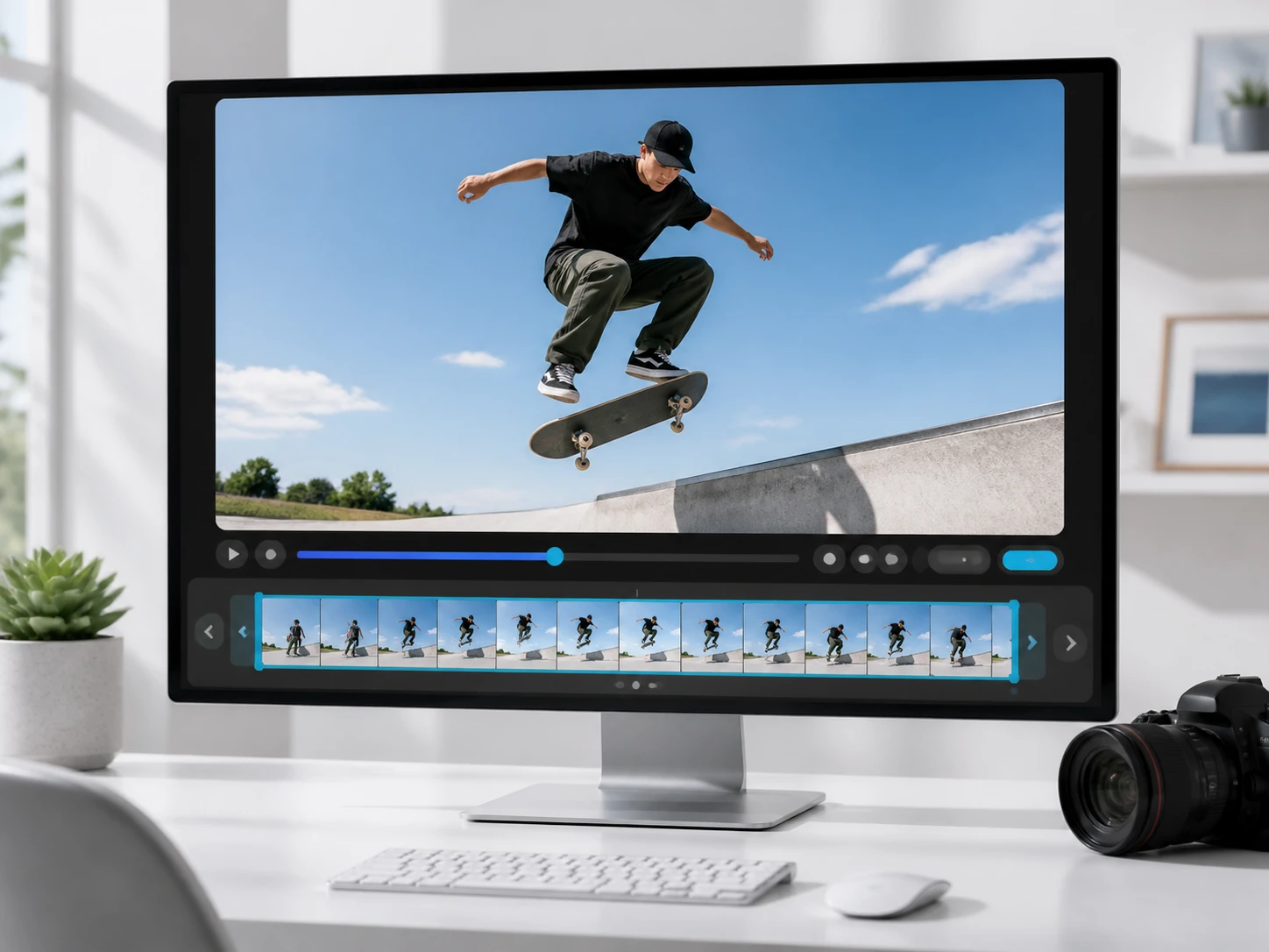 Fast action clip playing at full size with rebuilt in-between frames connecting the subject edges