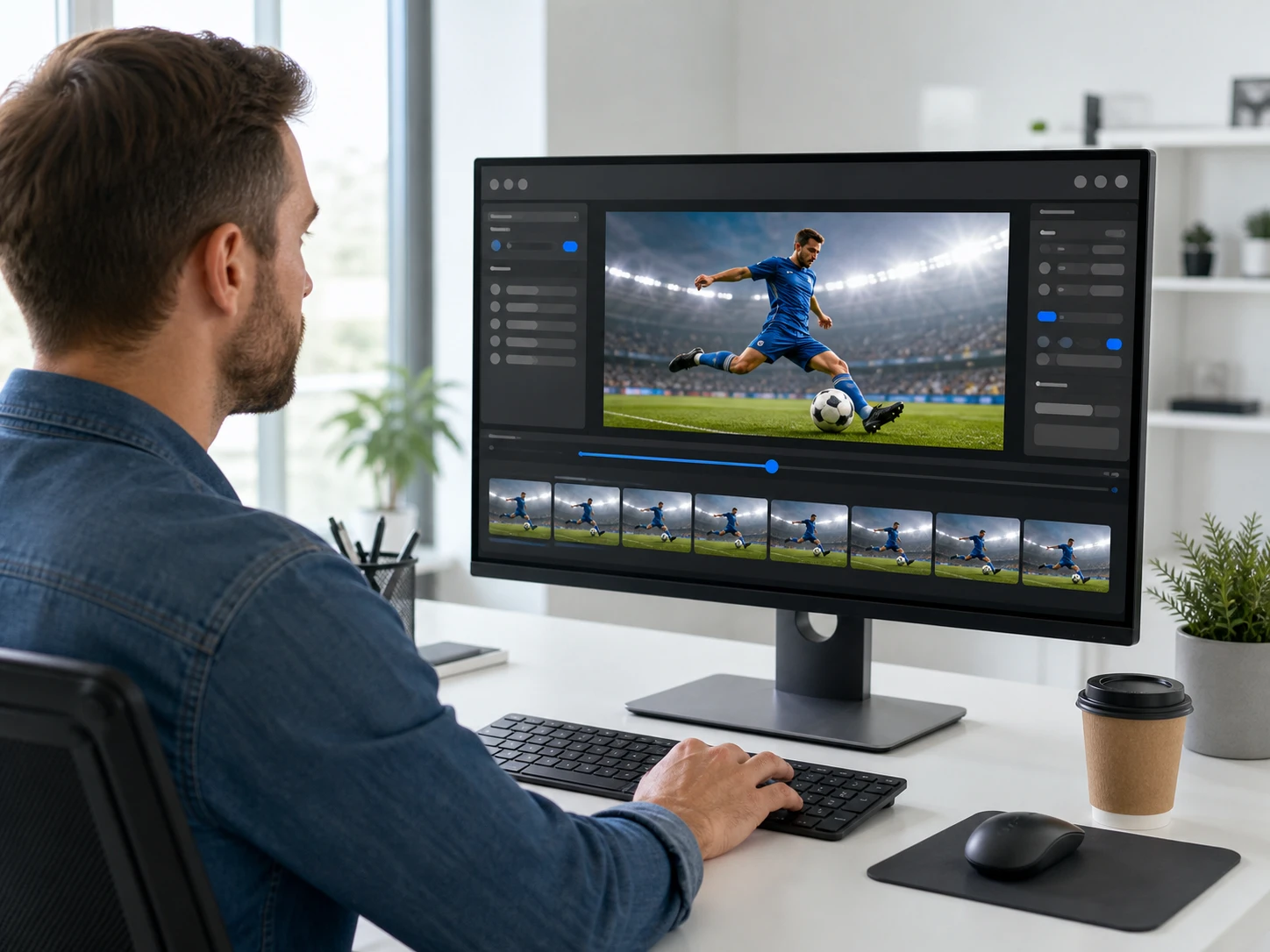 Video editor stepping through a slowed fast action segment frame by frame before delivery