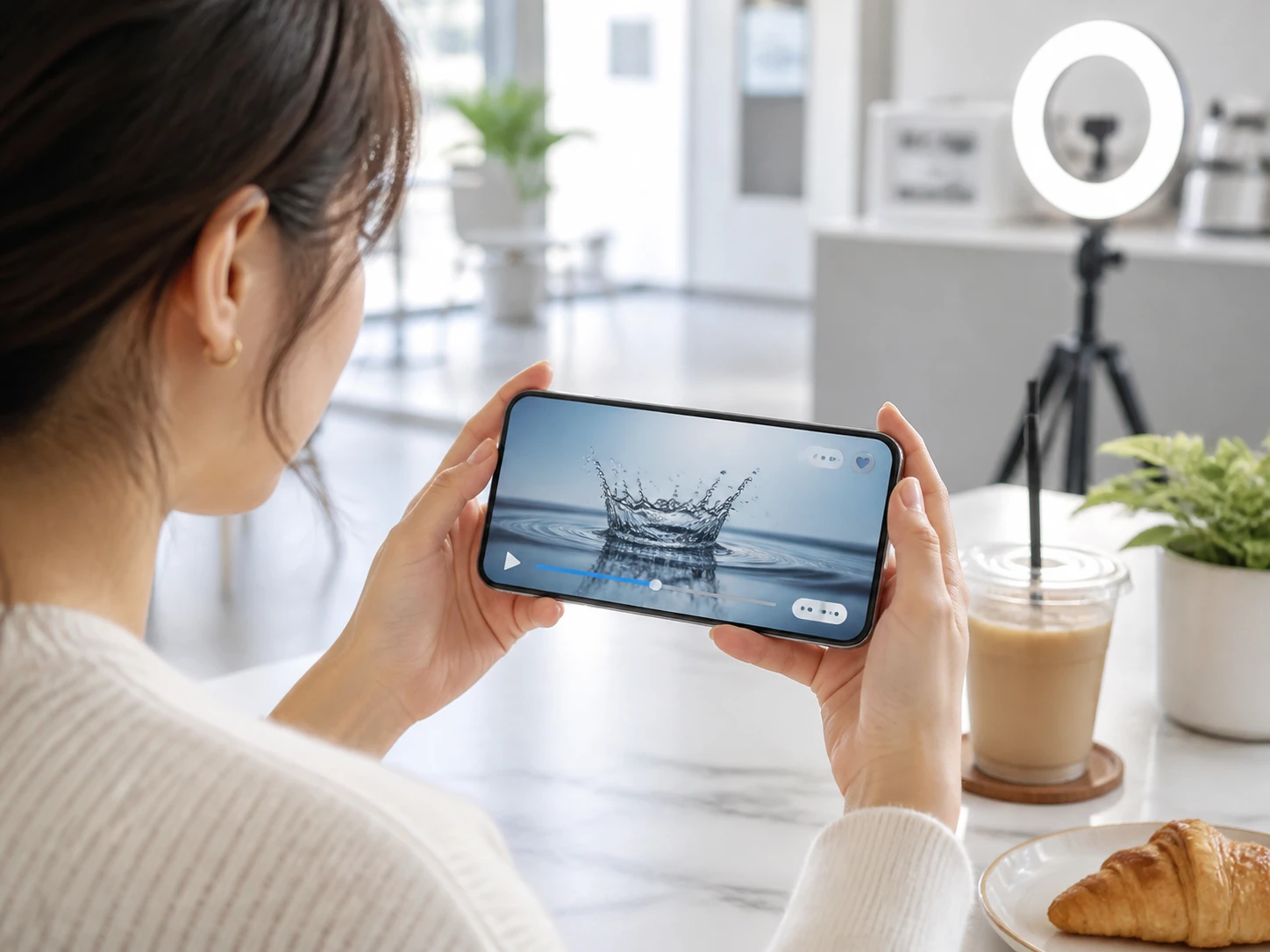 Creator reviewing a slow motion video clip playing cleanly on a phone screen