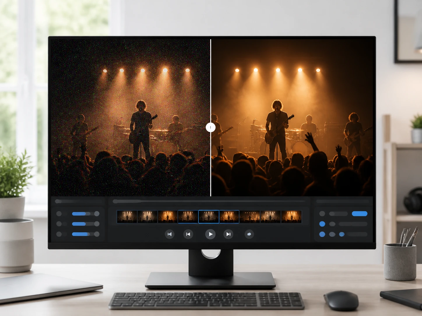 Grainy low light concert clip beside the same footage denoised with the speckles gone