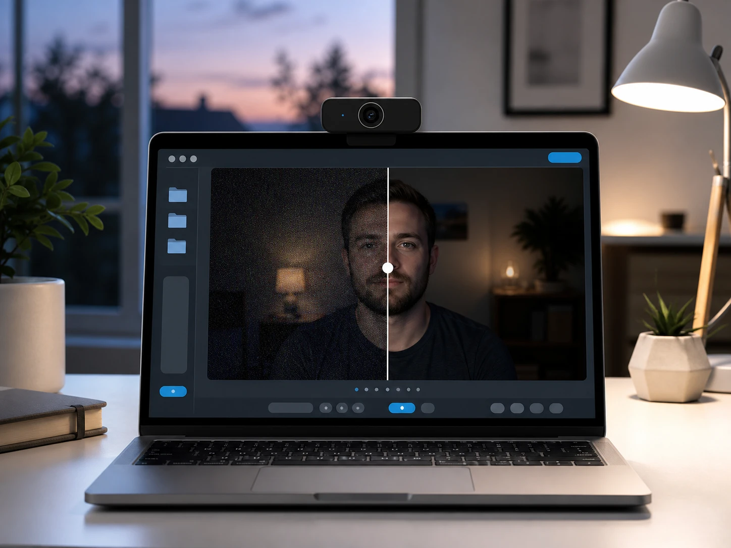 Webcam recording from a dim home office being cleaned of noise for archiving