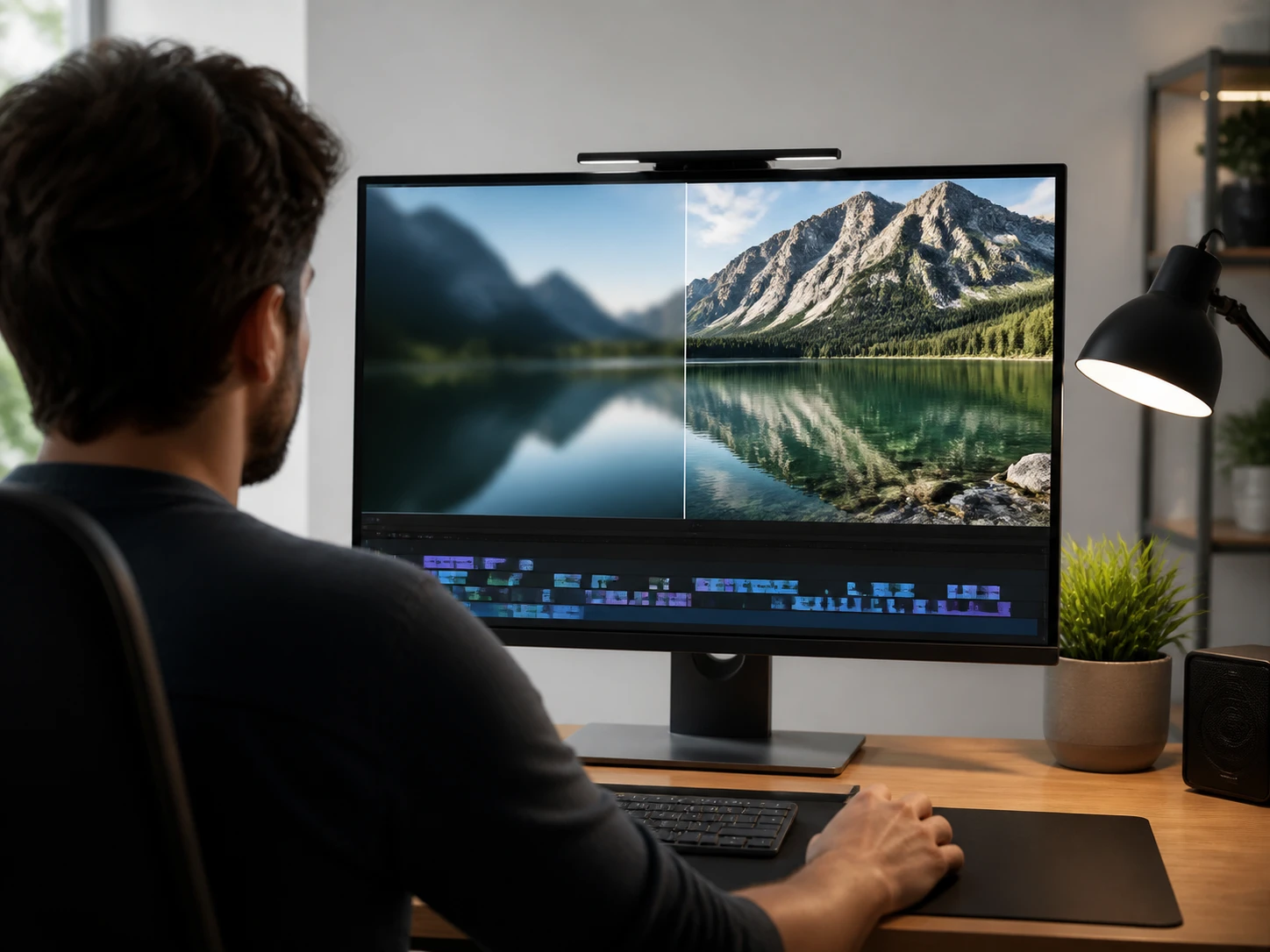 An editor checking a soft upscaled frame on a 4K timeline before committing the cut