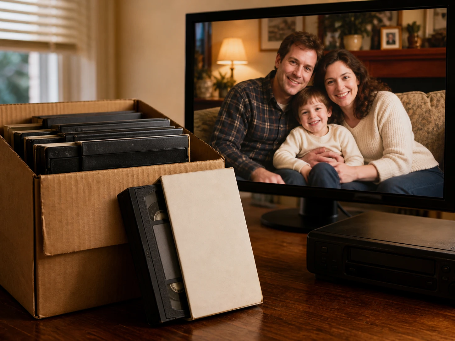 A digitized home video tape frame enhanced with faces and room detail brought back