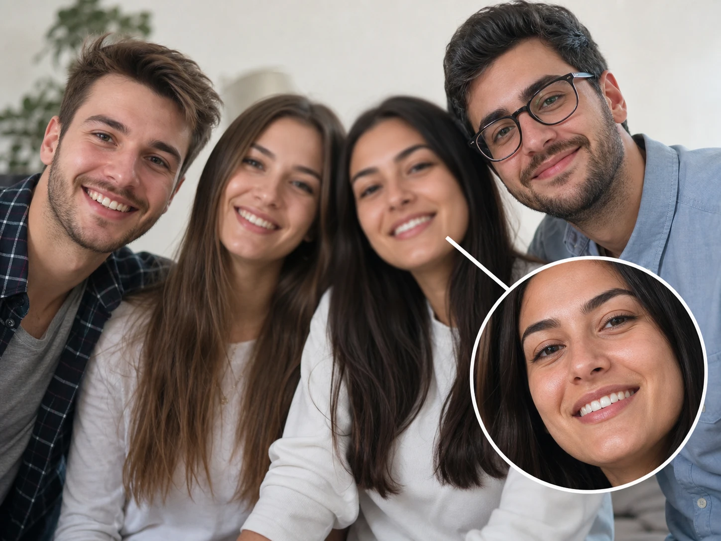 A soft face in a group photo with pores and hair rebuilt so the person stays recognizable