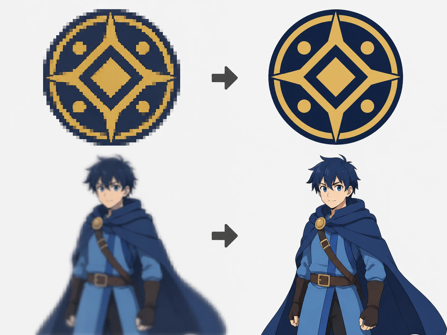 A pixelated logo and an anime frame raised to print resolution with clean edge lines